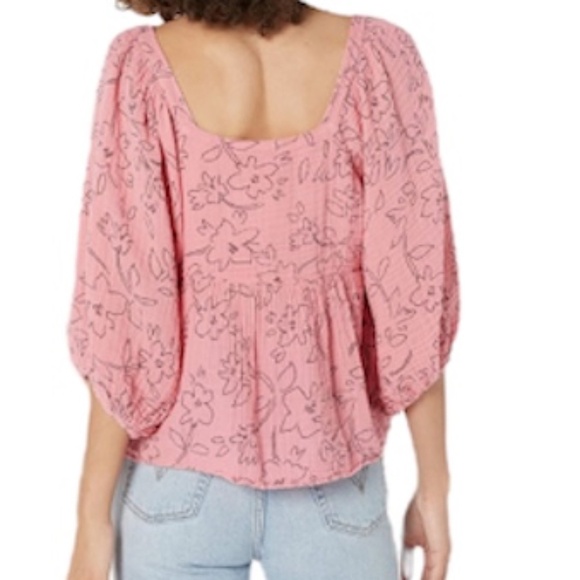 Michael Stars Patsy Linework Flora Square neck puff sleeve double gauze pink top - Picture 3 of 13